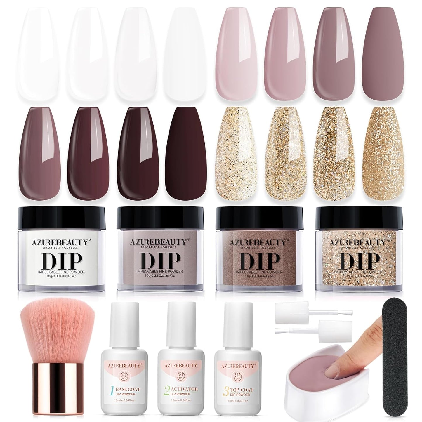 AZUREBEAUTY Dip Powder Nail Starter Kit White Mauve Glitter Champagne, Dipping Powder 4 Colors Set, French Nail Art Base Top Coat Activator Liquid Manicure DIY Salon 12 PCS