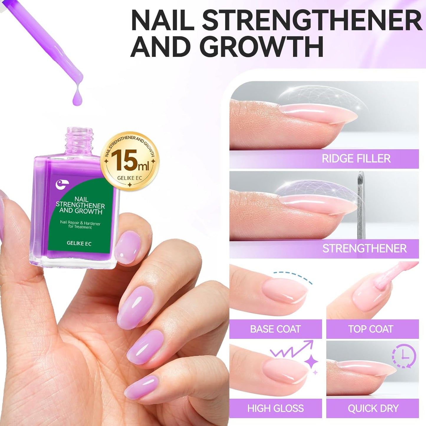 Nail Polish Strengthener and Growth: Lavender Haze 15ml Gelike EC 6 in 1 Natural Hardener - Long Lasting Nail Polish Hardener Extra Strong and Growth for Daily Work Home Salon
