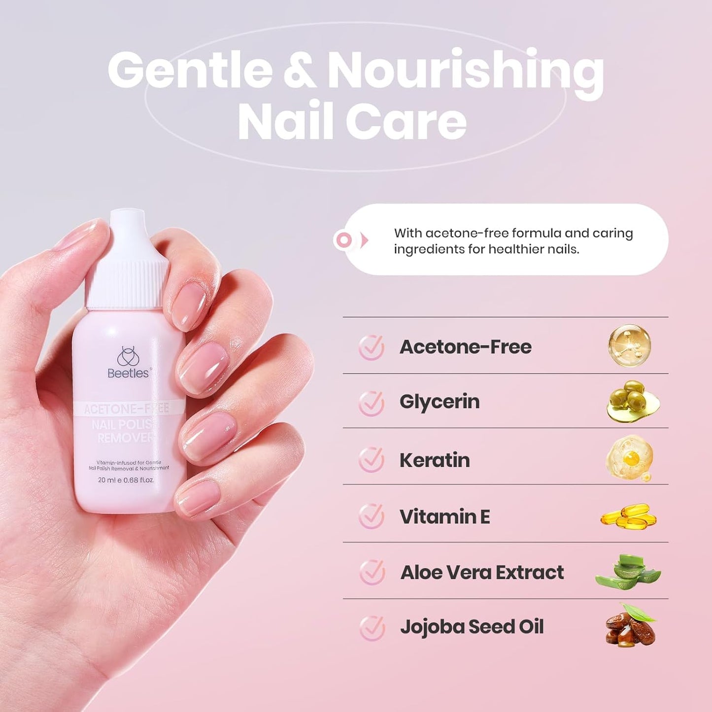 Beetles Non Acetone Nail Polish Remover - 0.67Fl Oz/20ML Controllable Nourishing Formula Acetone Free Nail Polish Remover - Non-Drying - Professional Quick and Gentle Removal for Natural Damaged Nail