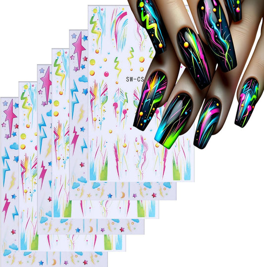 Lightning Nail Art Stickers 3D Self-Adhesive Nails Sticker Colorful Lines Nail Art Decals Holographic Stars Nail Decal Decoration for Women Cute Clouds Manicure Stickers DIY Nails Art Sticker Supplies