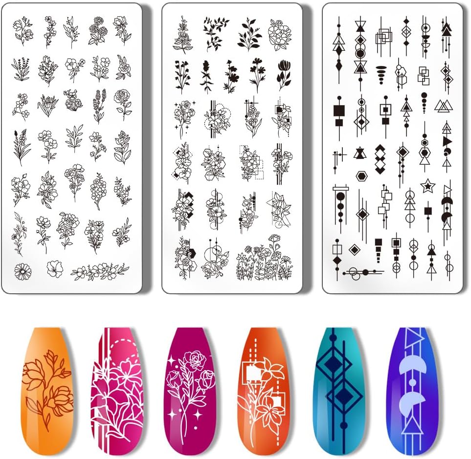 PH PandaHall 3pcs Nail Stamping Plate Plant Nail Stamper Flower Nail Art Stencils Printing Template Tip Nail Stencils Stainless Steel Nail Image Plates for Nail Art Decoration Design Manicure Salon