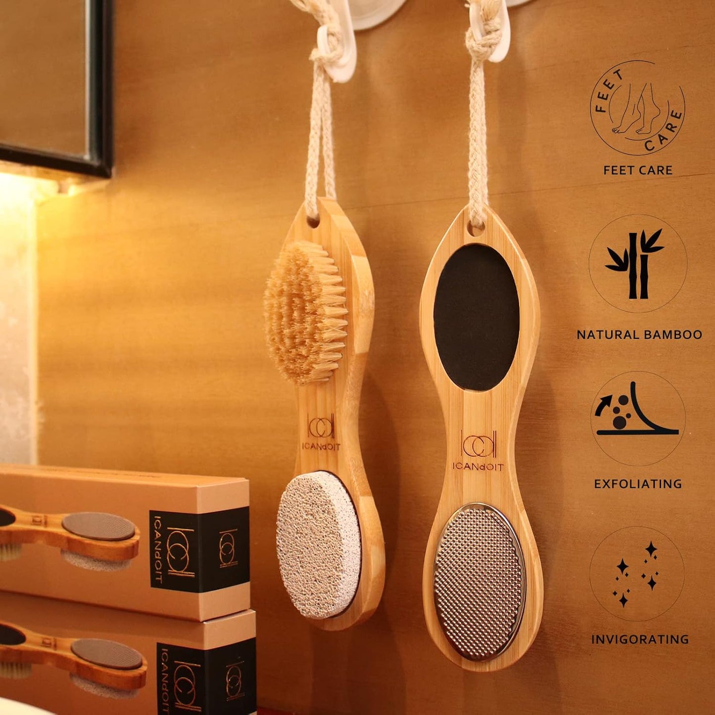 ICDI ICANdOIT Natural Bamboo Foot File Callus Remover-Multi Purpose 4 in 1 Feet Pedicure Kit with Foot Care Boar Bristle Brush,Pumice Stone,Foot Rasp,Sand Paper