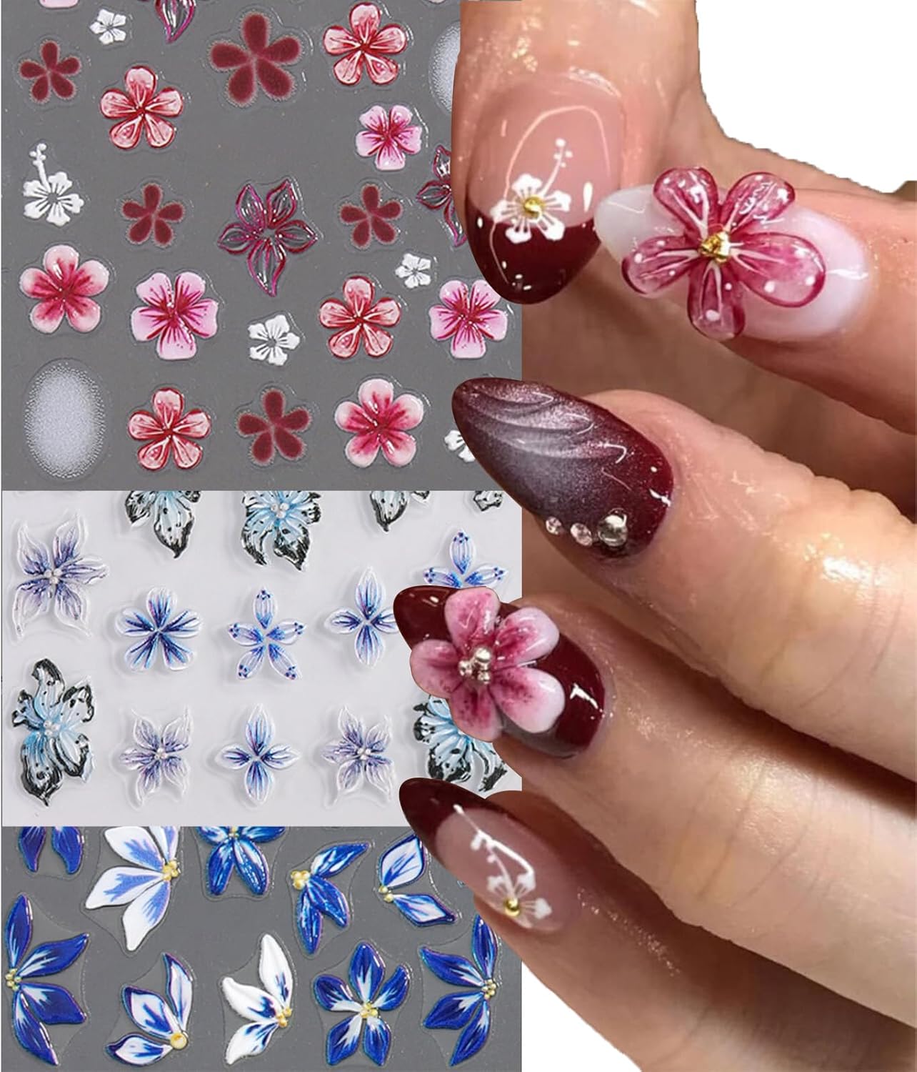 Stickers para Uñas Nail Stickers Self-Adhesive Sticker Red Blue 3D Wild Flower Calcomanías para Uñas Floral Art Design Accessories Hight Quality 3 Sheets