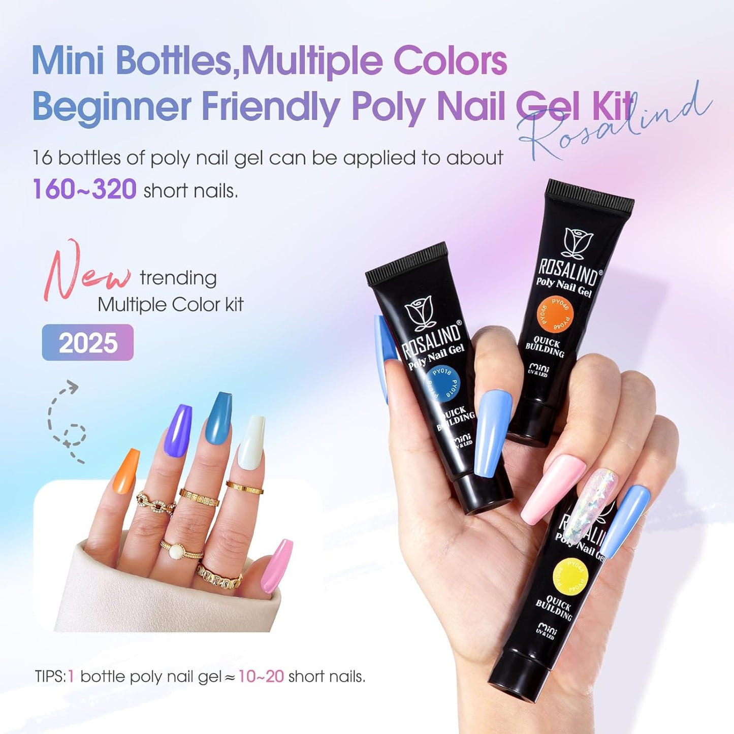 ROSALIND 16 Colors Poly Nail Gel Kit With Mini Lamp - Clear Neon Starter Kit for Beginners, HalloweenAll Seasons Classic Colors Builder Neon Nail Gel Set Holiday