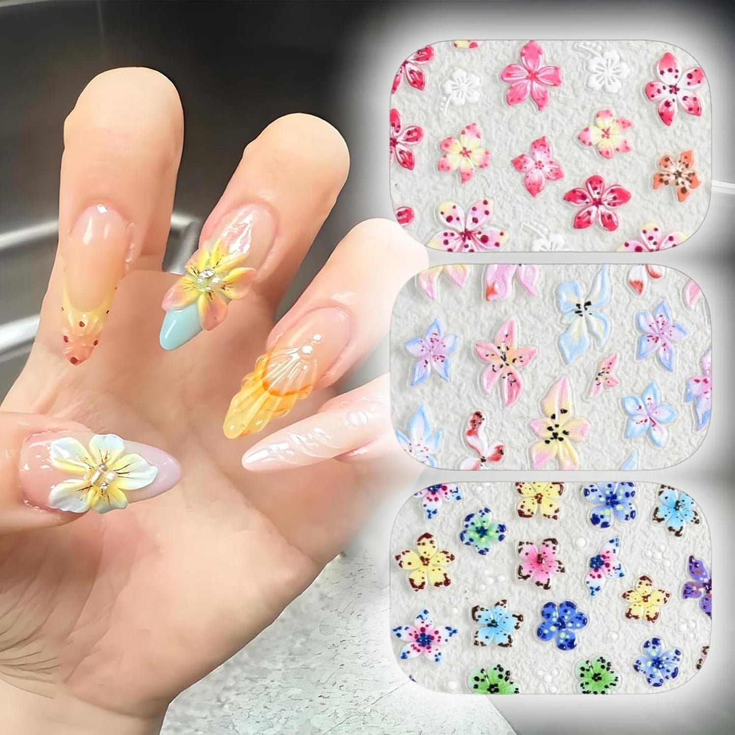 Hawaii Flower Nail Stickers 6 Sheets 5D Embossed Floral Nail Decals Pink Blue Hibiscus Nail Art Stickers for Women DIY Manicure Supplies Decorations