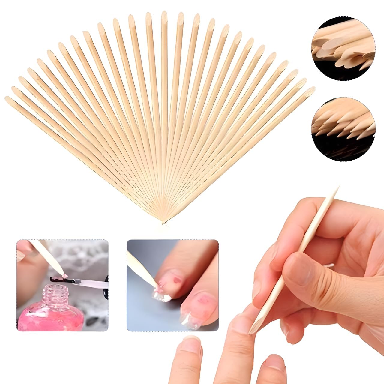 100-Pack Nail Art Wood Stick, Double Heads Nail Cuticle Pusher Remover Manicure Pedicure Tool