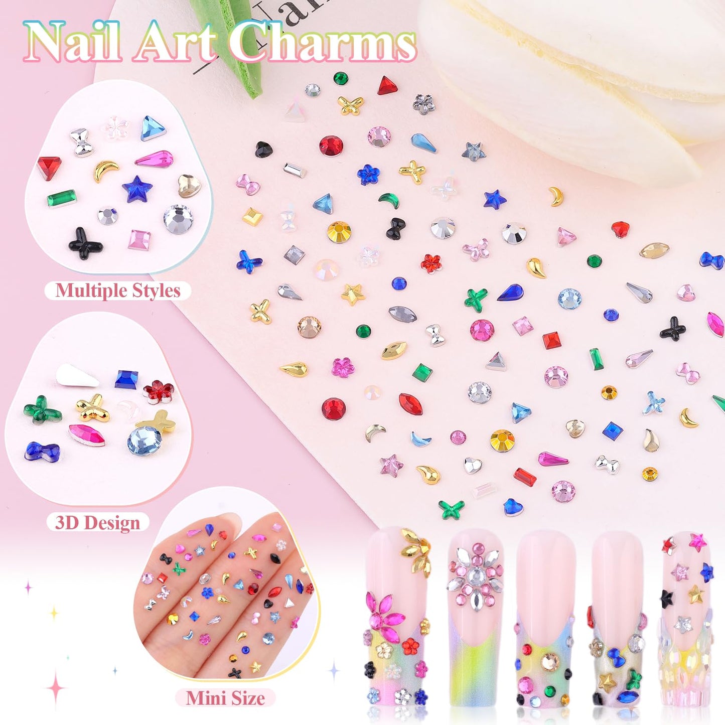 6360 PCS 2-3 MM Muliti Shape Colorful Rhinestones for Nail Art, 3D Resin Flatback Bedazzling Gems Mini Flower Bow Heart Star Butterfly, Kawaii Women Rhinestone Kit with Tweezers and Pickup Pencil