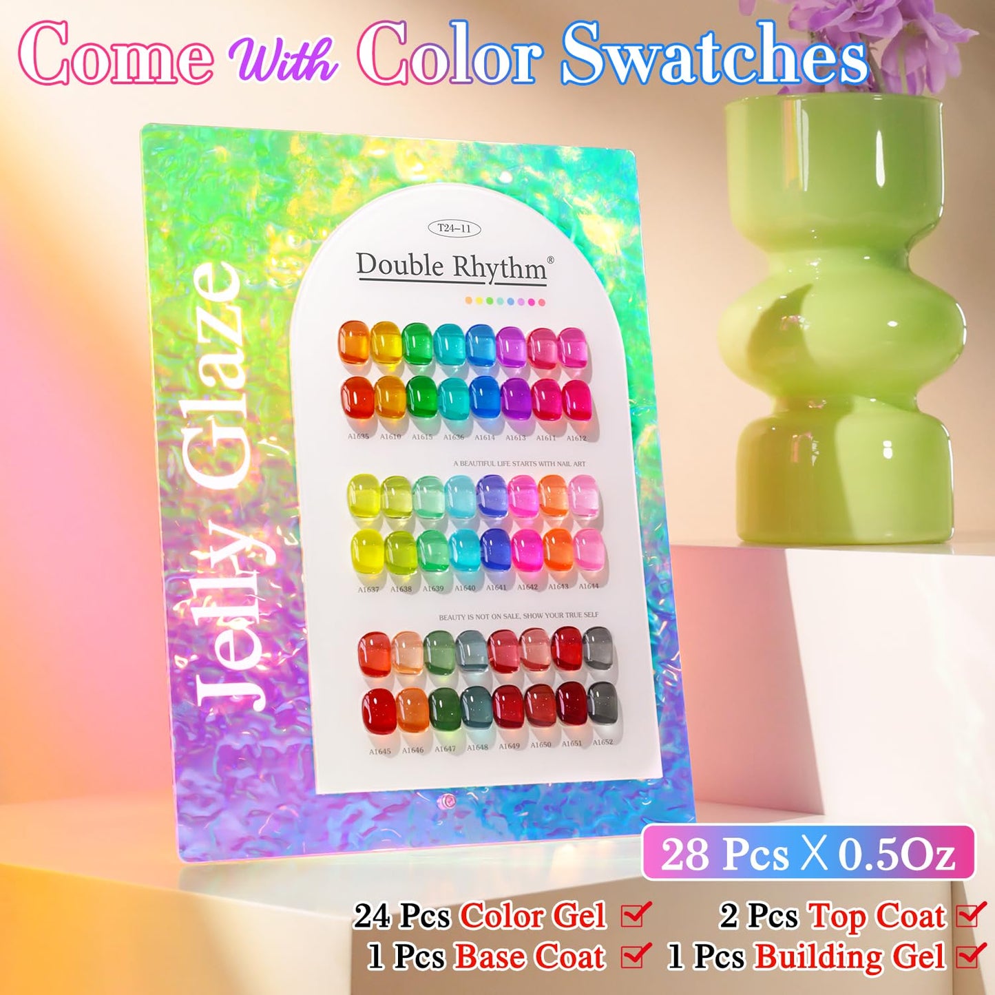 Double Rhythm 28Pcs 0.5Oz Gel Nail Polish Set Same Color Same Bottle Soak Off Gel Polish Kit Nail Art Manicure Salon DIY at Home for Women (Neon Jelly Sheer Collection-T24-11)