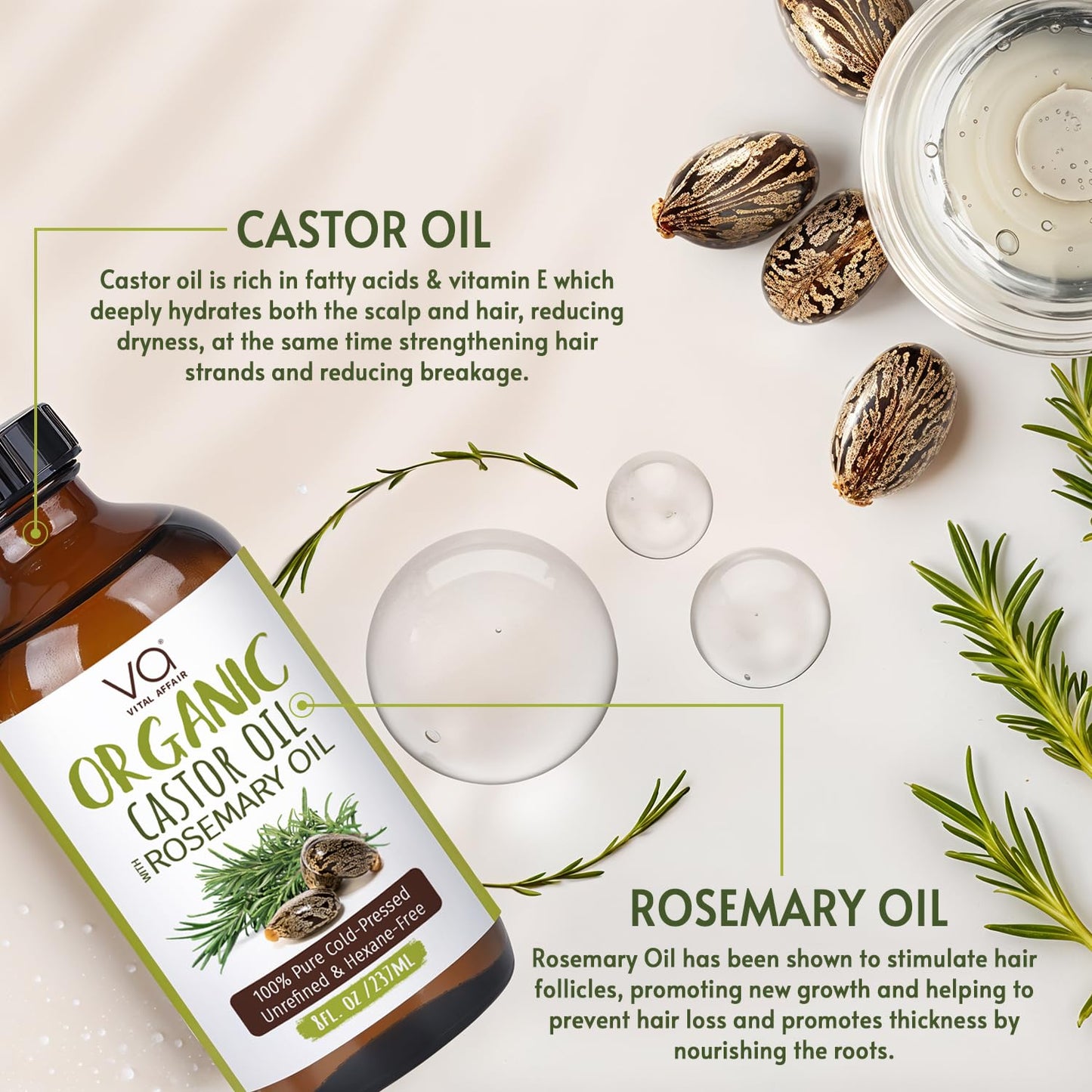 Organic Castor Oil With Rosemary Oil For Hair Growth - 100% Pure Rosemary Hair Oil With Pure Castor Oil Cold Pressed Unrefined Glass Bottle - Strengthening & Volumizing 8 Fl Oz