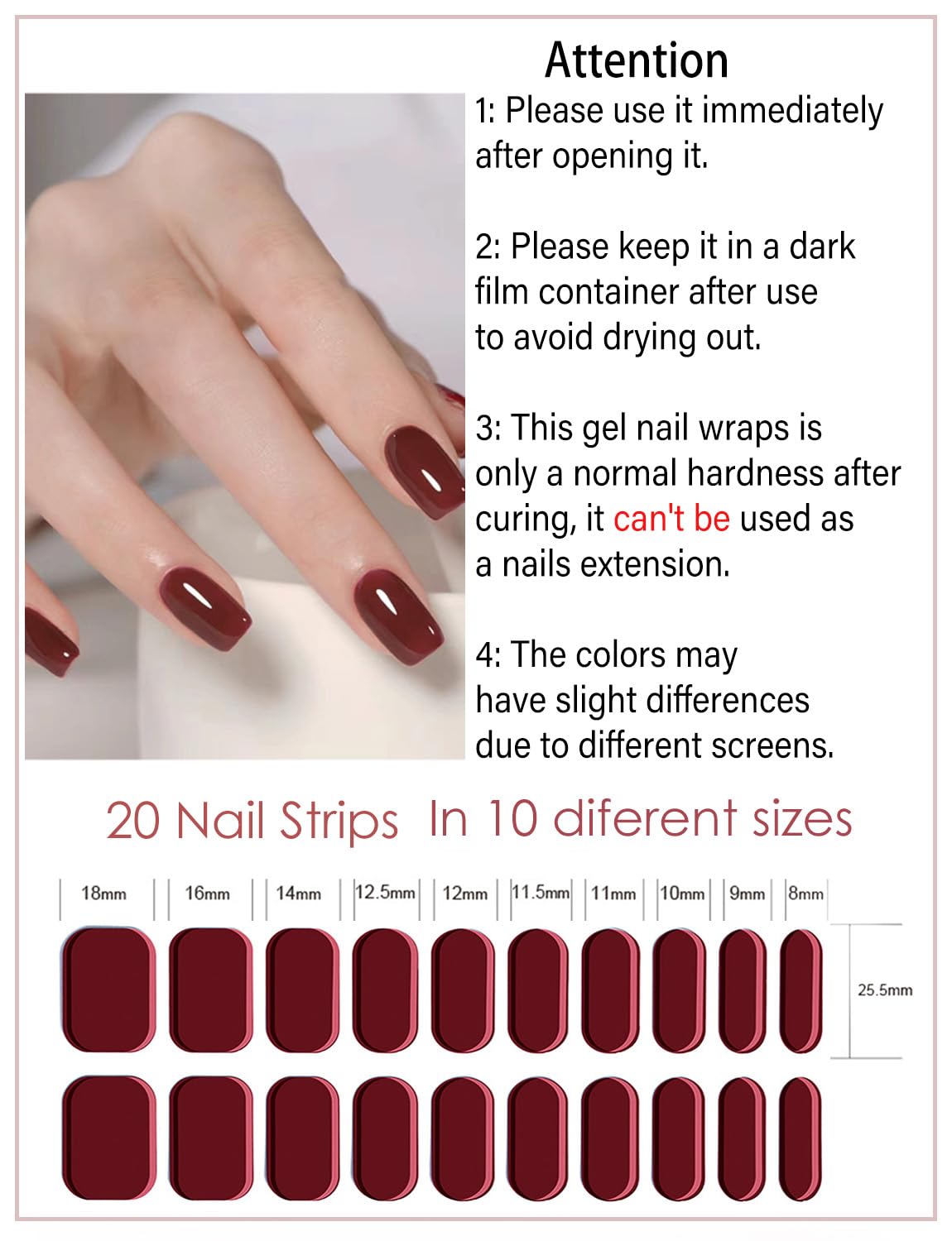 Semi Cured Gel Nail Strips, 20pcs Ancora Red Gel Nail Stickers UV, Wine Red UV Wraps for Home Nails DIY
