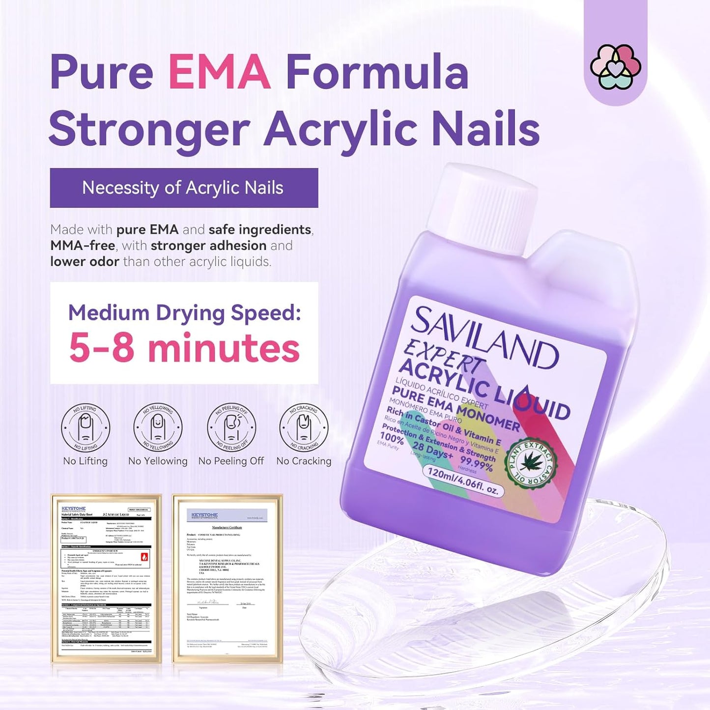 SAVILAND EMA Odorless Monomer Acrylic Liquid: 4 oz Acrylic Nail Monomer for Acrylic Powder, Premium Acrylic Nail Brush Nail Primer Top Gel, Acrylic Nail Kit for Manicurist
