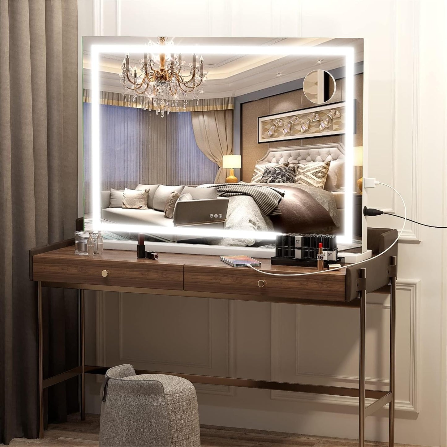 Hasipu Vanity Mirror with Lights, 32" x 24" LED Makeup Mirror, Lighted Makeup Mirror with Dimmable 3 Modes, Touch Screen Control Vanity Mirror Square White