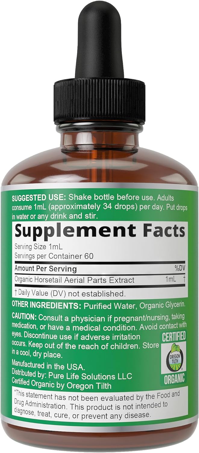 USDA Organic Horsetail Herb Liquid Drops for Hair Growth, Thickening. Vegan, Pleasant Tasting Supplement with Horsetail. Zero Sugar, Alcohol Free Hair Vitamins for Women and Men