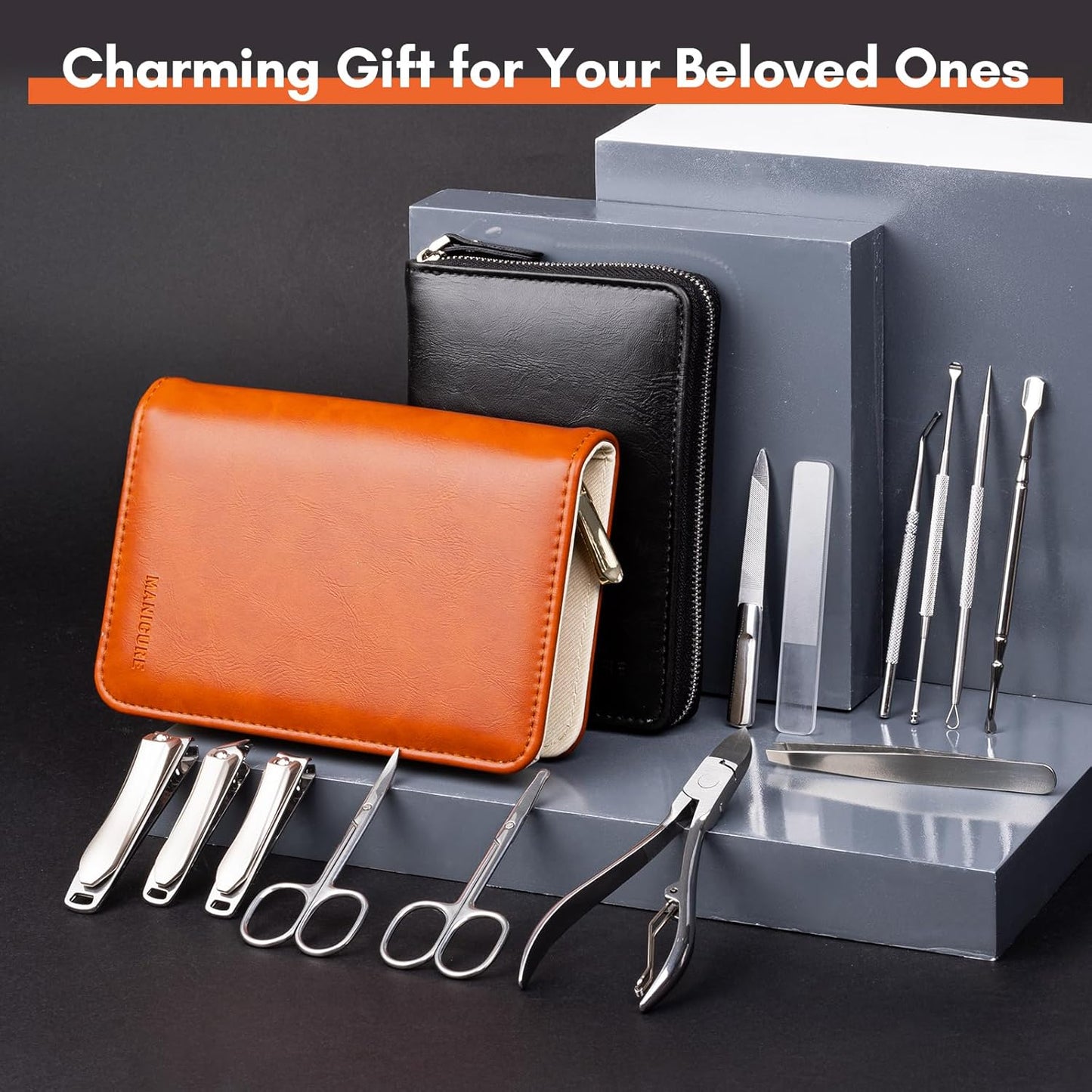 FAMILIFE Professional Manicure Set, Manicure Kit, Nail Clippers Set, Stainless Steel Orange Pedicure Tool, Nail Kit with Portable Leather Travel Case Luxury Gifts for Him