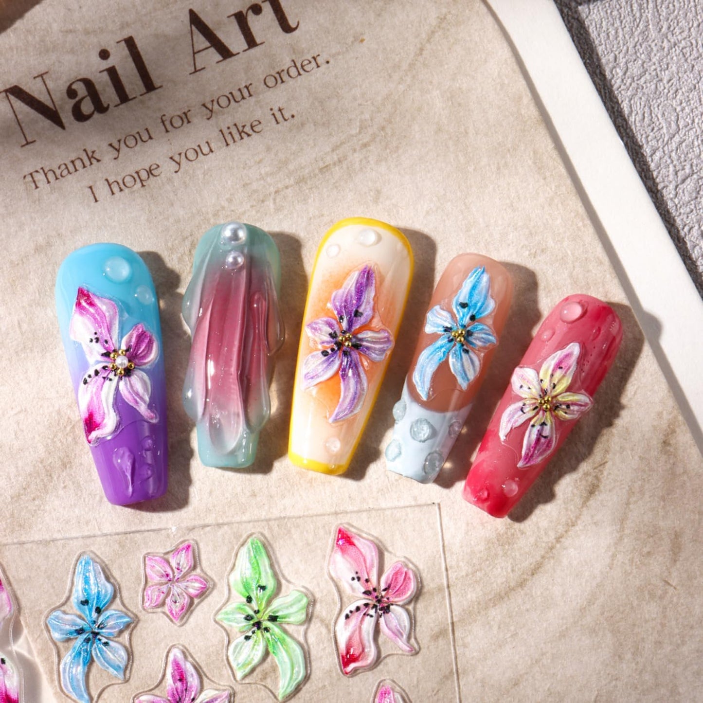 Stickers para Uñas Nail Stickers Self-Adhesive Sticker Colorful 3D Wild Flower Embossed Calcomanías para Uñas Floral Art Design Accessories Hight Quality 4 Sheets