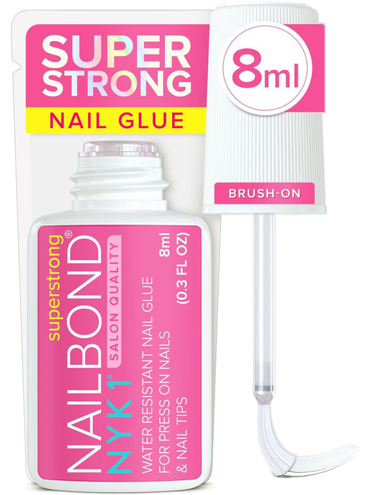 Super Strong Nail Glue for Press On Nails, Nail Tips & Acrylic Fake Nails (8ml) NYK1 NailBond Brush On Glue for Press Ons, Tips & Acrylics - Long Lasting, Maximum Strength, Mess-Free Application