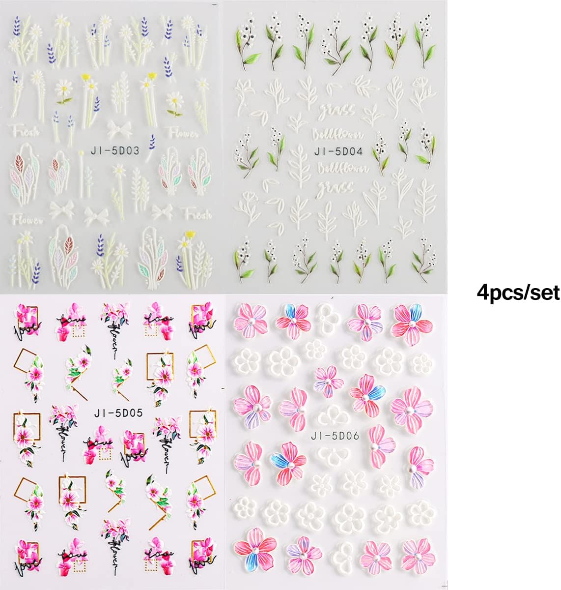 5D Nail Art Stickers 4 Sheets Pink Flowers Geometric Lines Decor Acrylic Embossed Sliders Gold Strips Decals Charms Cherry Blossom Manicure Accessories
