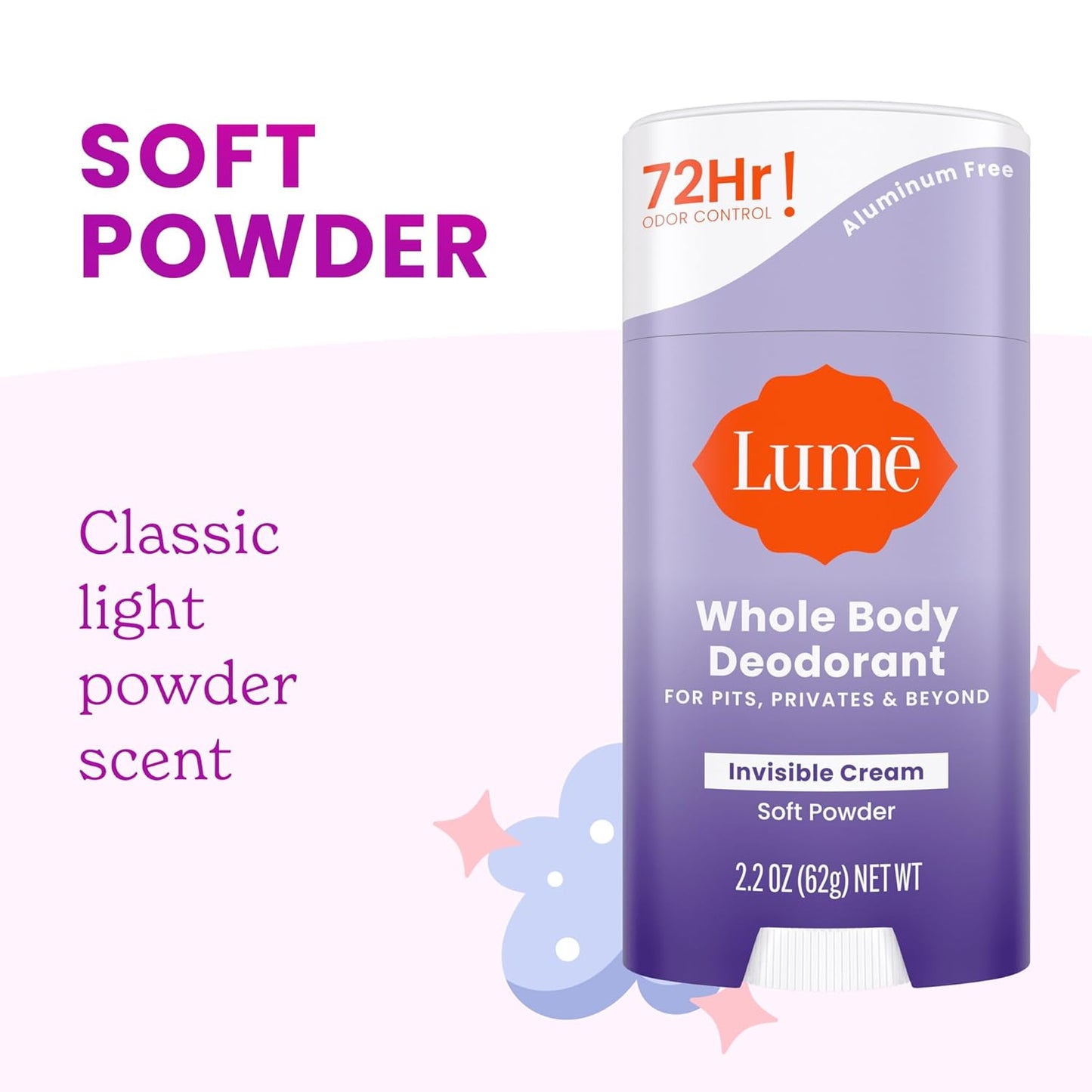 Lume Whole Body Deodorant - Invisible Cream Stick - 72 Hour Odor Control - Doctor Developed - Aluminum Free, Baking Soda Free and Skin Loving - 2.2 Ounce (2 pack) (Soft Powder & Clean Tangerine)