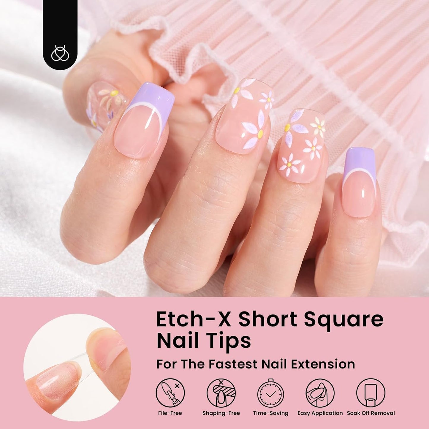 Beetles Gel Nail Tips Etch-X, Square Short, 576Pcs 12 Sizes, Pre-Shaped Half Matte Full Cover Soft Acrylic Fall False Nail Tips Easy DIY Press On Nail Extension Manicure Salon Gift for Women