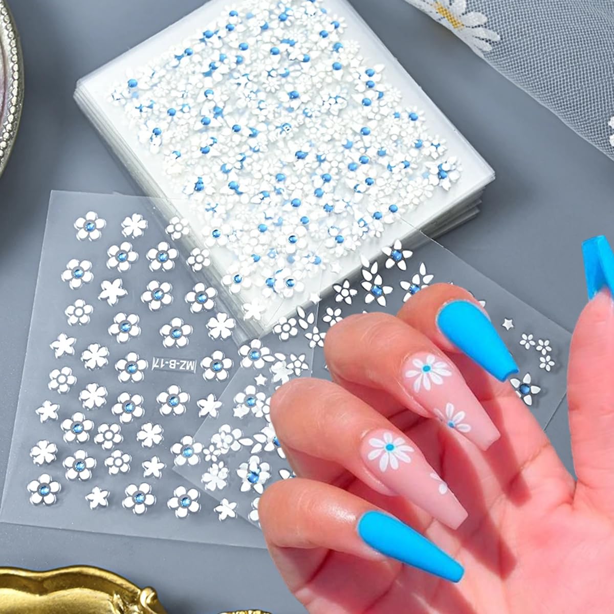 30Pcs White Flower Nail Art Stickers Decals- Daisy Floral Cherry Blossoms Nail Stickers Blue Rhinestone Nail Designs Sticker for Gel Nails 3D Self-Adhesive Spring Nail Decals for Nail Art Decoration