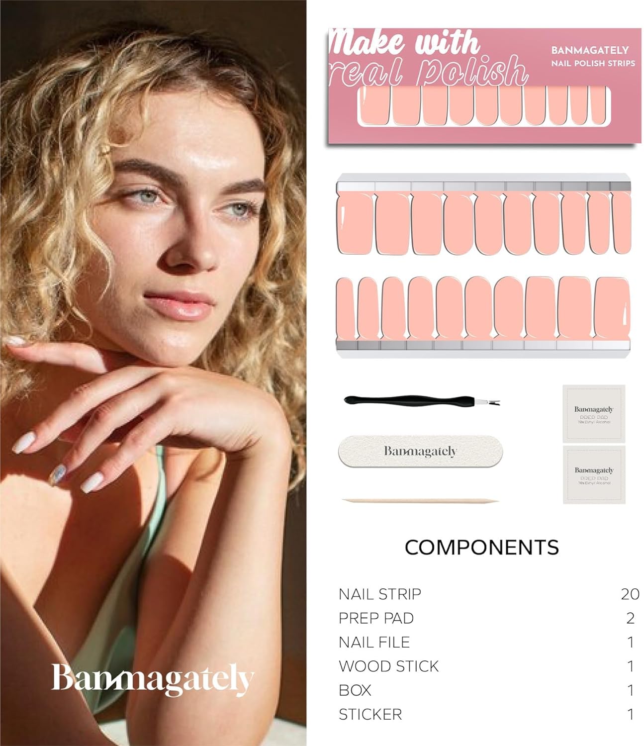 Nail Polish Strips, 20Pcs Salon Quality Gel Nail Stickers, Easy Long Lasting Wraps for Short Nails no UV Light Needed (Light Pink)