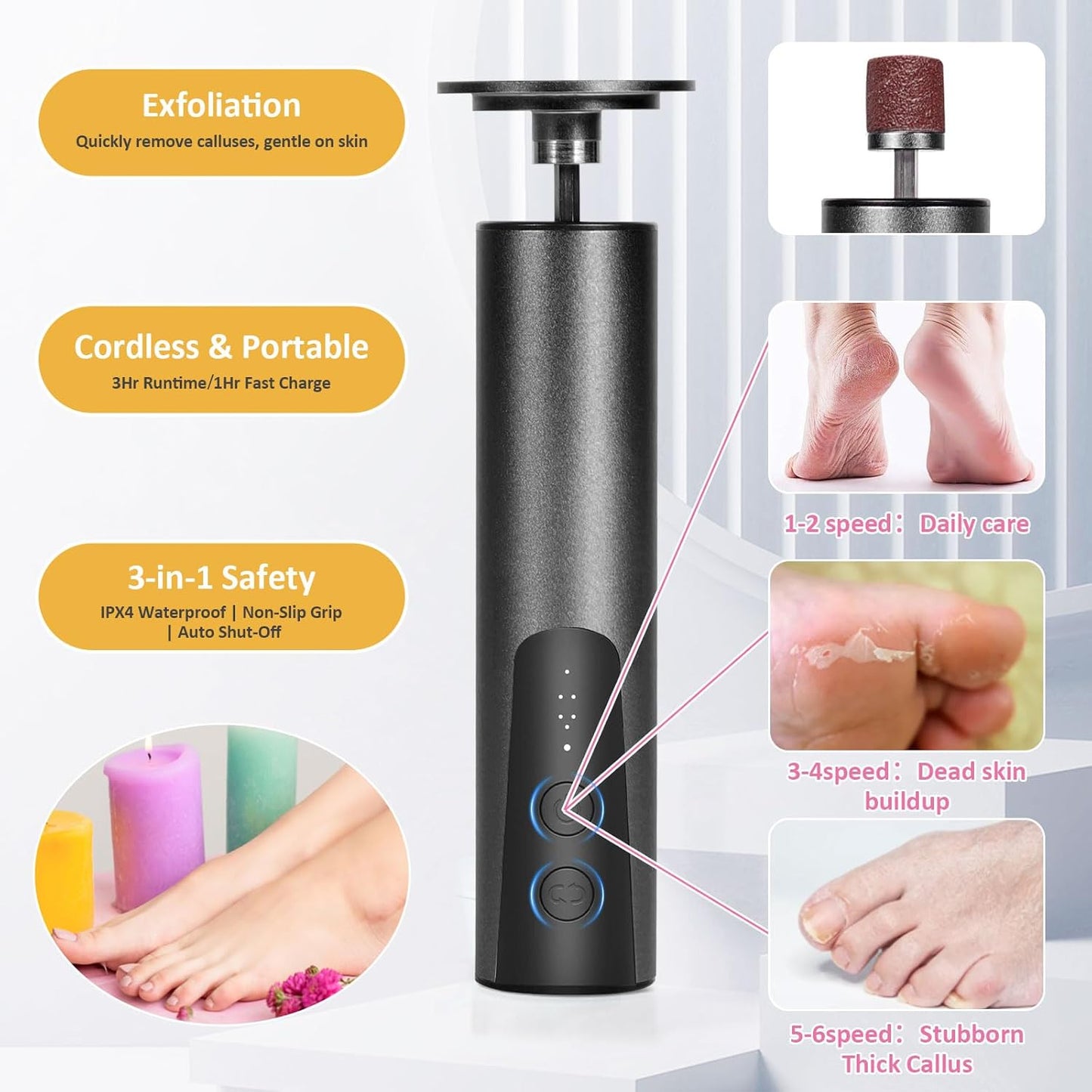 Upgraded Wireless Electric Callus Remover for Feet,6-Speed 2-in-1 Rechargeable Foot File Callus Remover with USB Charging & 3 Types of Sandpaper, Dead Skin Remover for Dry Cracked Heels,Black