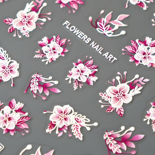 Pink Flowers Nail Art Stickers 5D Embossed Self Adhesive Nail Decals Spring Summer Nail Stickers for Nail Art Flower Nail Design Decoration Accessories for Women and Girls