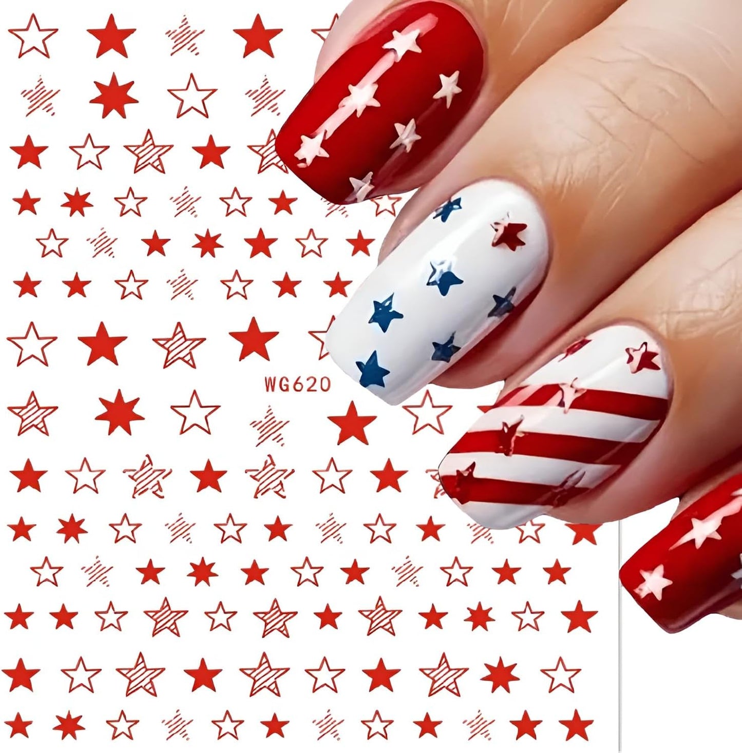 12 Sheets White Blue Red Star Nail Art Stickers 3D Self Adhesive 4th of July Nail Stickers for Nail Art Independence Day Nail Decals Star Nail Supplies Design for DIY Acrylic Nails for Women Girls