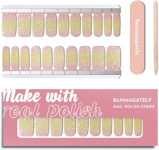 Nail Polish Strips, 20Pcs Salon Quality Gel Nail Stickers, Easy Long Lasting Wraps for Short Nails no UV Light Needed (Pink Yellow)