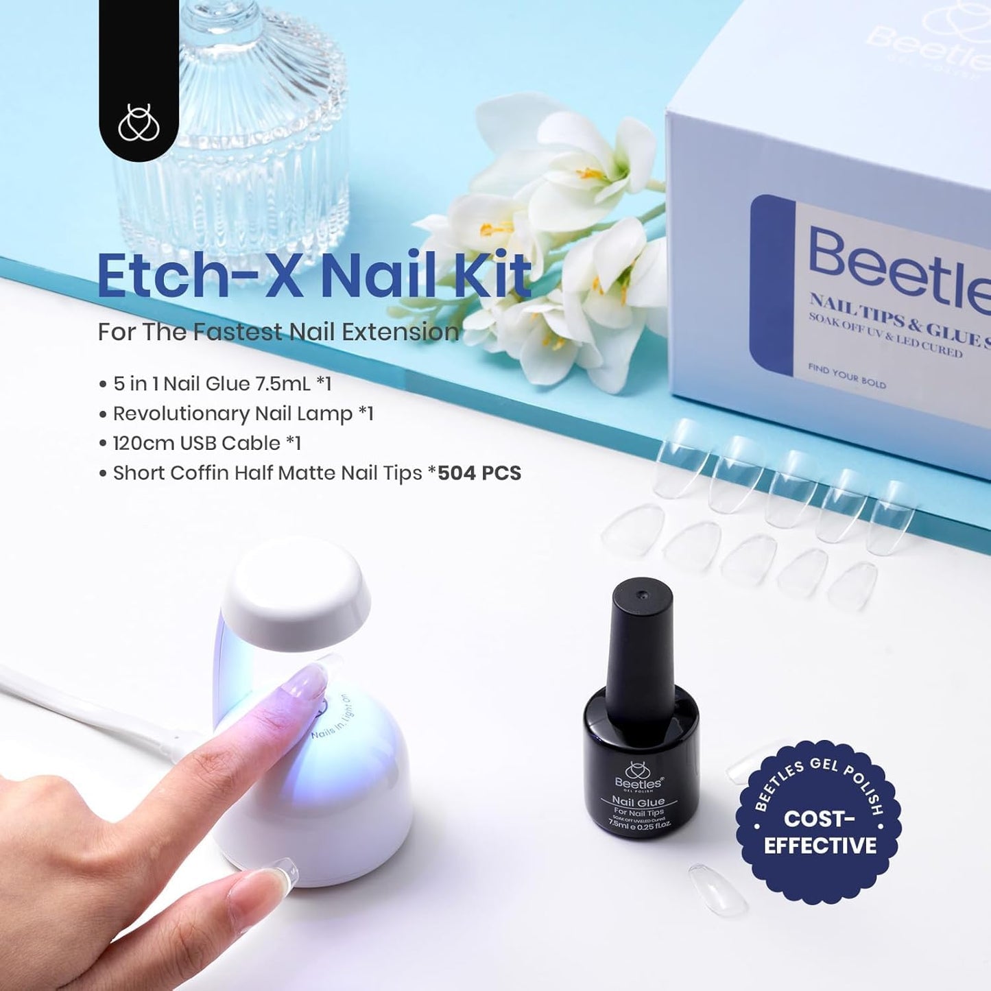 Beetles Gel Nail Kit Coffin: 504Pcs False Nail Tips Easy Nail Extension Set Short Coffin Shape 5 In 1 Nail Glue Uv Led Lamp Acrylic Gel Nail Kit DIY Nails Art Gifts for Women
