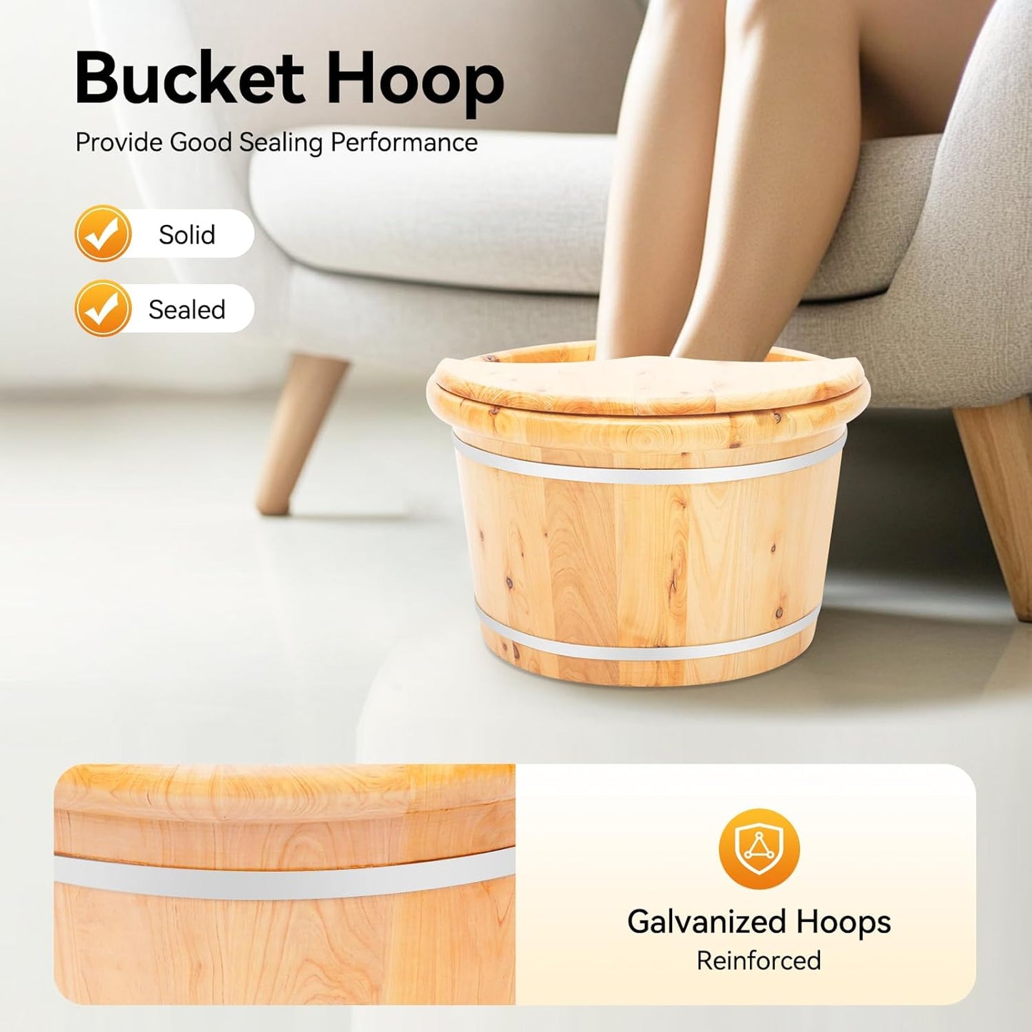 9.84in Tall Wood Foot Soaking Tub with Lid and Massage Roller, Pedicure Bowl for Feet, Portable Traditional Wood Foot Bath Basin for Massage Relaxing, Fatigue Relief