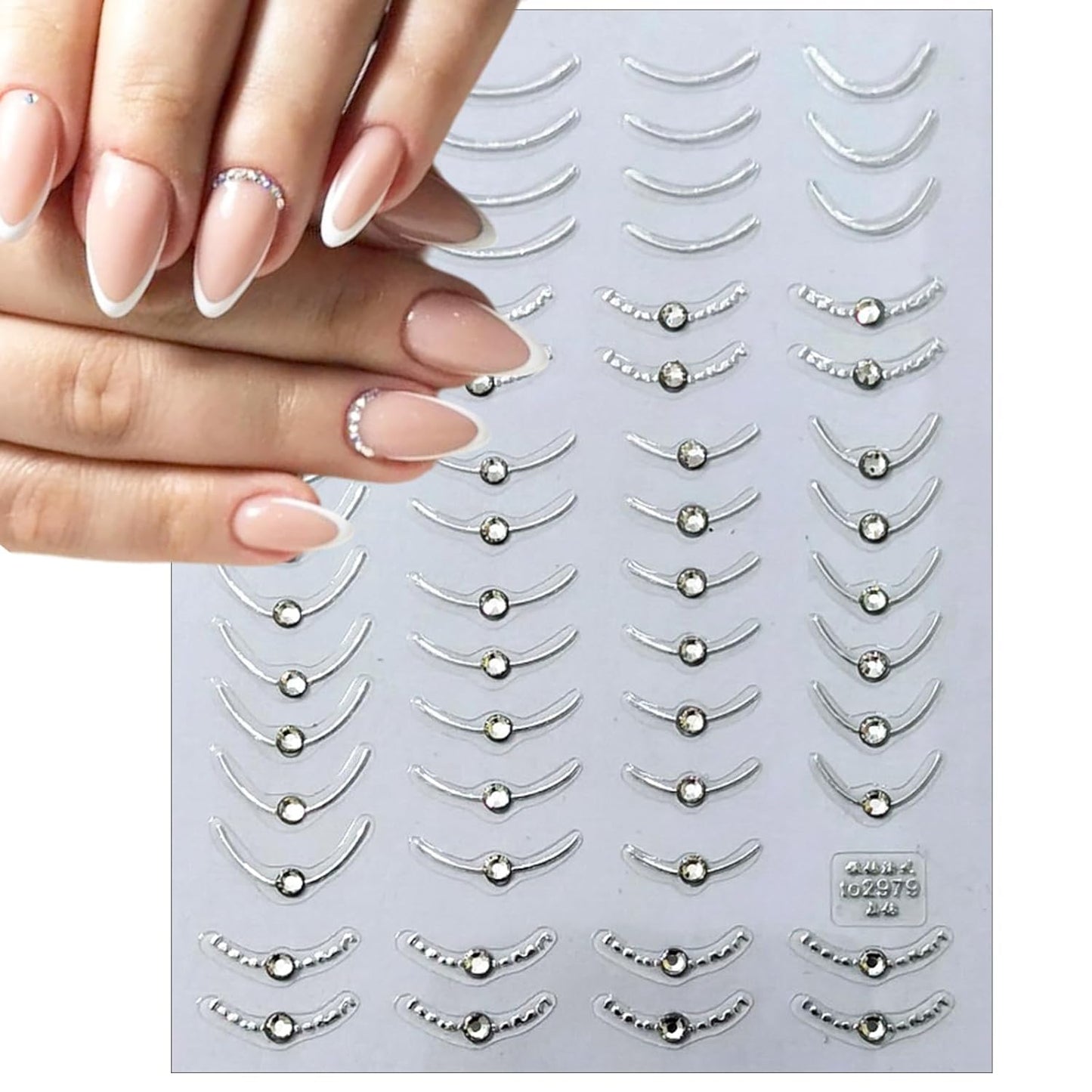 2 Sheets French Tips Nail Art Stickers - 5D Holographic French Simple Gold Silver Line Nail Stickers with Crystal Diamond Design Nail Decals for Women Manicure Decorations