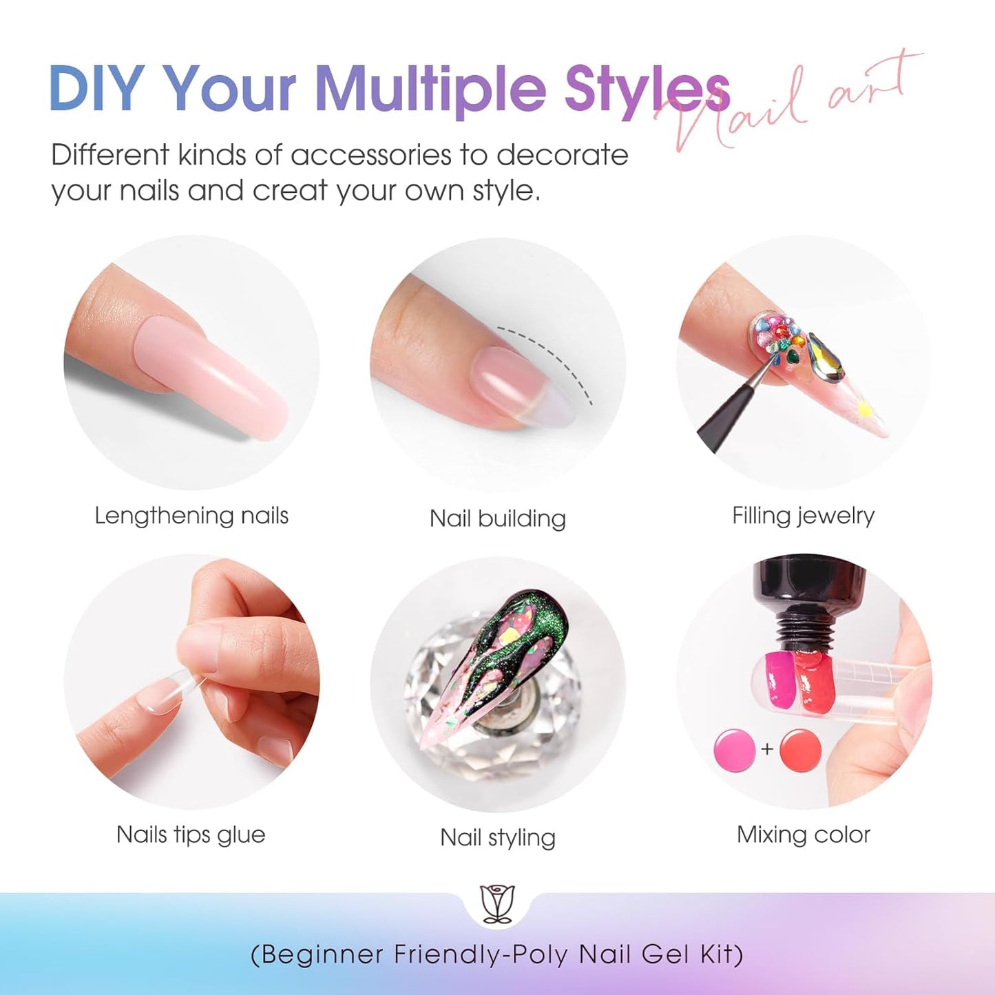 ROSALIND 16 Colors Poly Nail Gel Kit With Mini Lamp - Clear Neon Starter Kit for Beginners, HalloweenAll Seasons Classic Colors Builder Neon Nail Gel Set Holiday