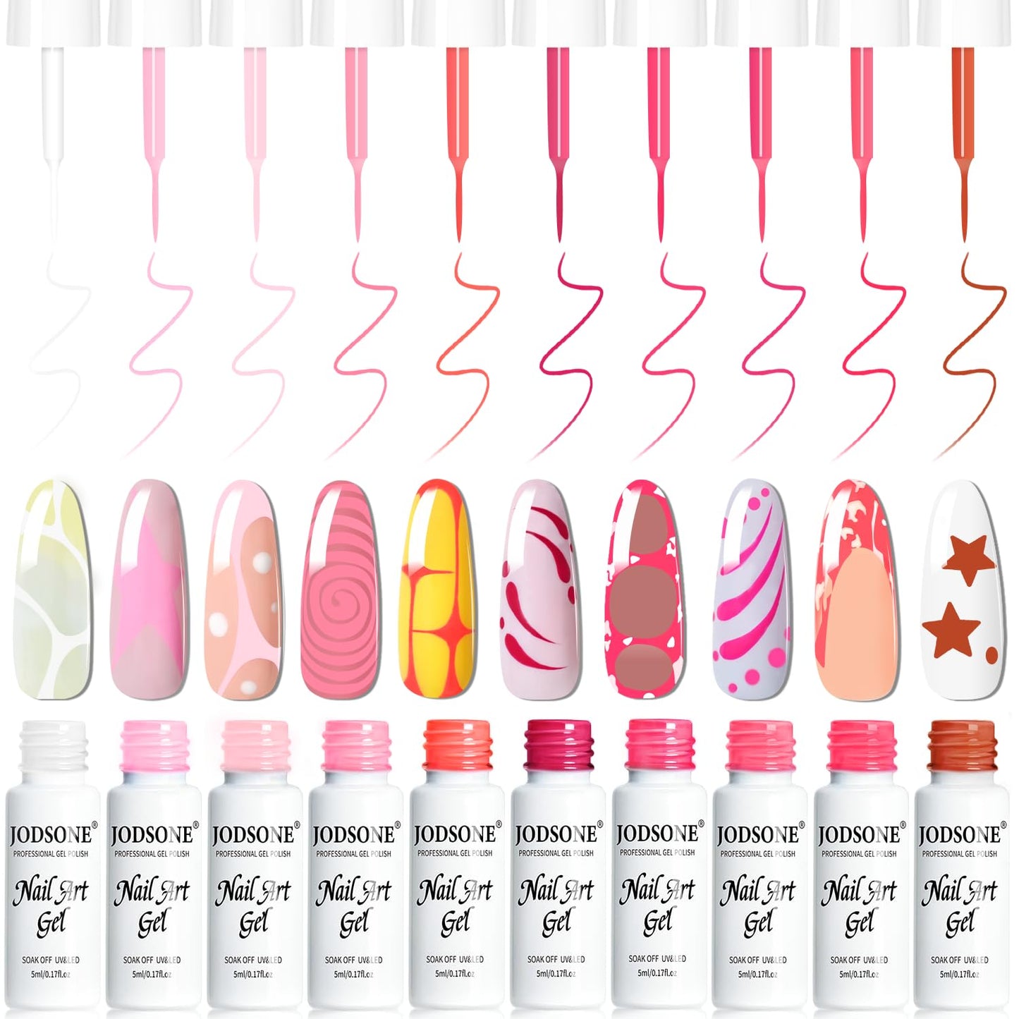 JODSONE Nail Art Gel Liner Set 10 Colors Pink Collection Gel Nail polish Need U V Lamp Cured at Home Salon Design Gift for Girls