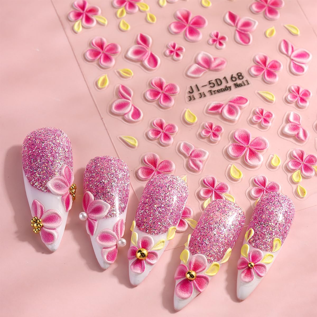 5D Embossed Flower Nail Stickers, 5PCS Colorful Floral Nail Art Stickers Pink Cherry Blossom Hibiscus Daisy Nail Decals Self-Adhesive Pegatinas para Uñas Spring Summer Decoration