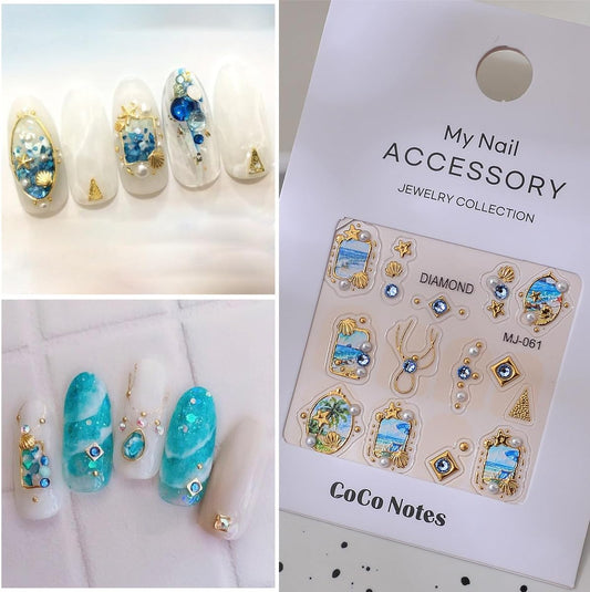Summer Beach Nail Stickers Golden Sandy Shores Nail Decals with Good Trim Gold Seashell Starfish Stickers for Nails Designs 3D Self Adhesive Nail Art Supplies & Decorations for Women 1 Sheet