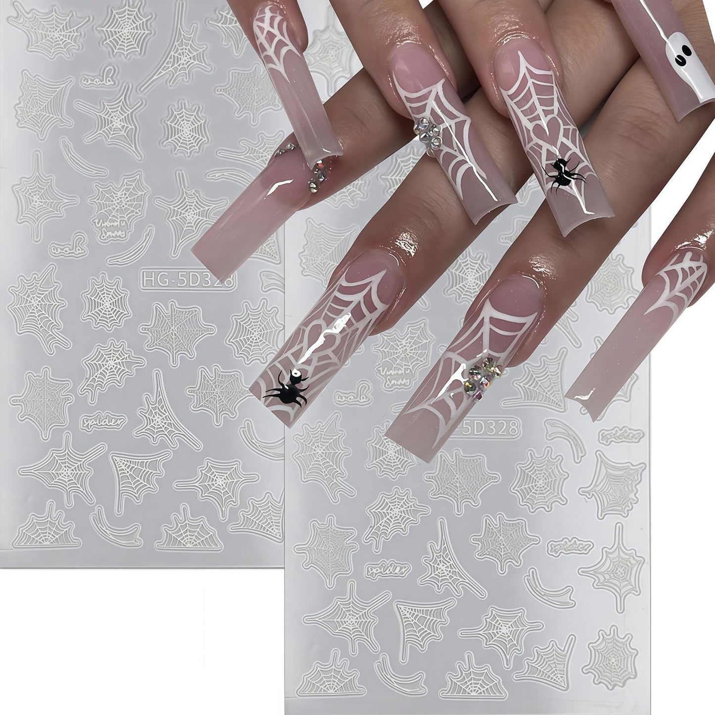 8 Sheets Halloween Nail Art Stickers Spider Nail Decals 3D Self-Adhesive Black and White Spider Web Spiders Nail Sticker Halloween Holiday DIY Salon Manicure Decoration Stickers for Women