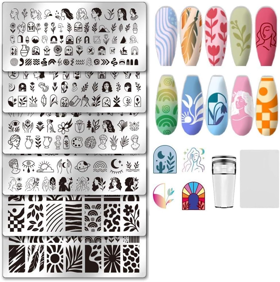 UNICRAFTALE 6Pcs Nail Stamp Plates Set Abstract Lady Face Nail Stamping Plate Boho Plant Stamp Templates Image Nail Stencils Nail Art Plates with Nail Scraper for Women DIY Nail Design Tools