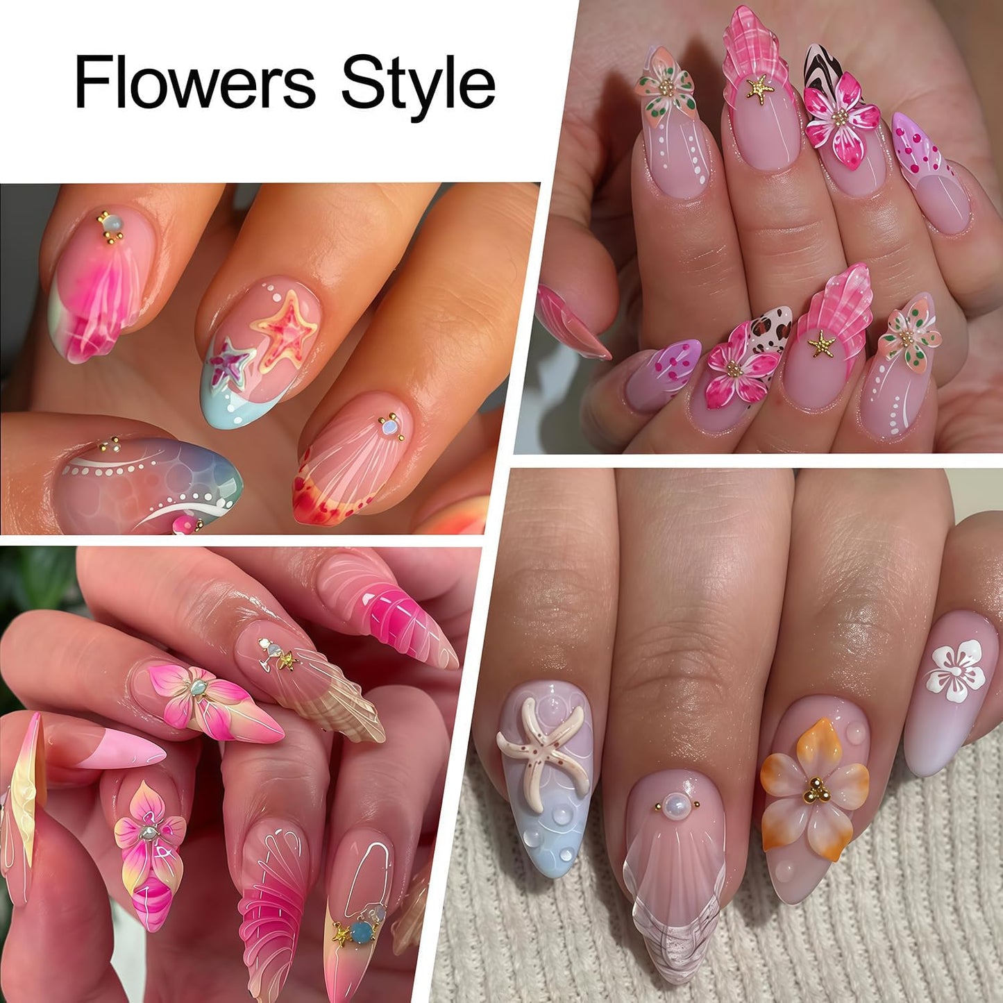 Summer Nail Stickers 5D Embossed Cute Flower Pattern Ocean Colorful Starfish Self-Adhesive Design Nail Art Stickers Beach Nail Decals for Women Festival Vacation Manicure Kit DIY Decoration