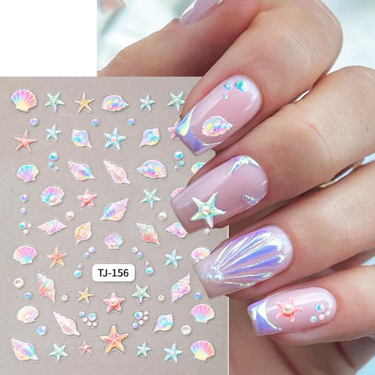 Shell Nail Stickers Jellyfish Nail Decals Starfish Nail Stickers for Nails Art Rainbow Conch Corals Design Summer Colorful Nails Art Sticker for Women Decoration Manicure Supplies 2 Sheet