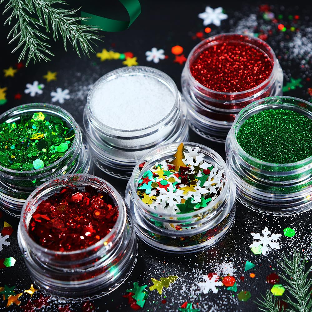 Christmas Nail Art Glitters Powder Snowflake Sequins Winter Nail Art Decorations 3D Holographic Green Red White Flakes Nail Decals Manicure Winter Xmas Glitters for Face Hair Nails Design 6Grids