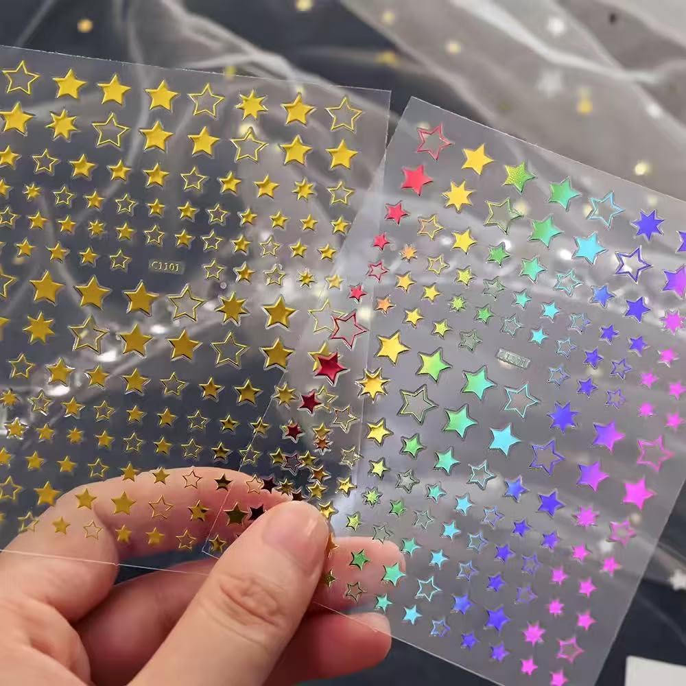 12 Sheets Stars Nails Stickers 3D Self Adhesive Nail Decals Stars Nail Design Shiny Starlight DIY Transfer Decal Colorful Star Nail Tip Sticker Pentagram Glitter Manicure Decoration