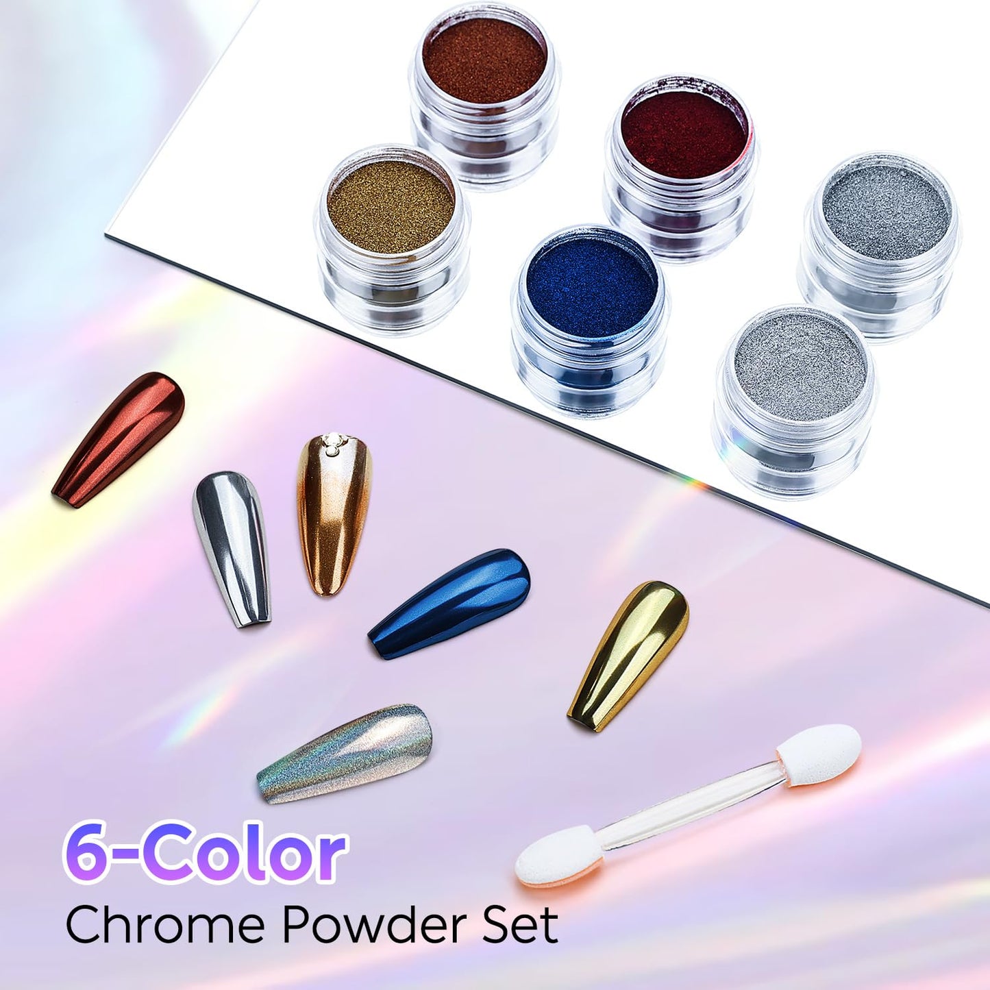 AIMEILI Chrome Nail Powder, Vegan, Cruelty Free, 6 Colors Mirror Effect Holographic Chameleon Manicure Nail Art Decoration Glitter for Nail Art Women Gift