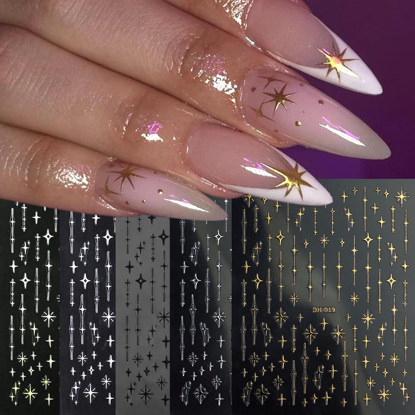 7 Sheets Star Lines Nail Art Stickers Decals Gold Silver Black White Nails Stickers for Nail Art Self-Adhesive Moon Nail Decals