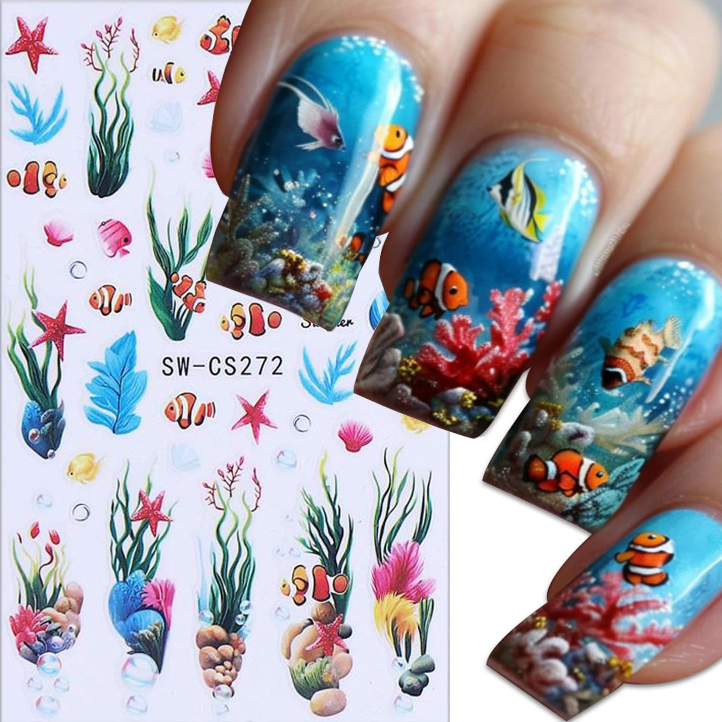 6 Sheets Ocean Plant Nail Art Stickers 3D Self -Adhesive Colorful Seaweed Shell Nail Decals Holographic Cute Fish Starfish Bubbles Nail Stickers Summer Nail Decoration for Women Manicure Supplies