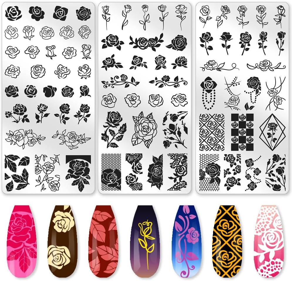 3Pcs Roses Nail Stamping Plate Set Vintage Flower Nail Stamp Templates Elegant Floral Leaf Metal Reusable Tools with Stamper Scraper for Manicure Printing