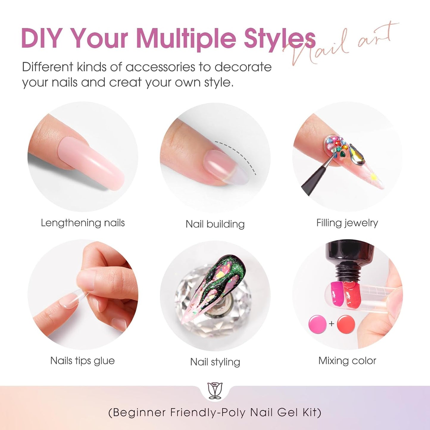 ROSALIND Poly Nail Gel Kit -16 Colors + Nude Pink Nail Art Accessories kit Clear Nude Poly Nails Gel Kit Starter Kit With Slip Solution Nude Pink Nail Extensions Gel Set with Mini UV Lamp