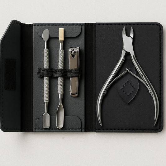 UM Supplies Cuticle Nipper with 2 Pushers and Nail Cutter 4 Pieces Travel Set + Storage Pouch, Stainless Steel Manicure Pedicure Tool for Nail Care Jaw 14 (5mm) Double Spring