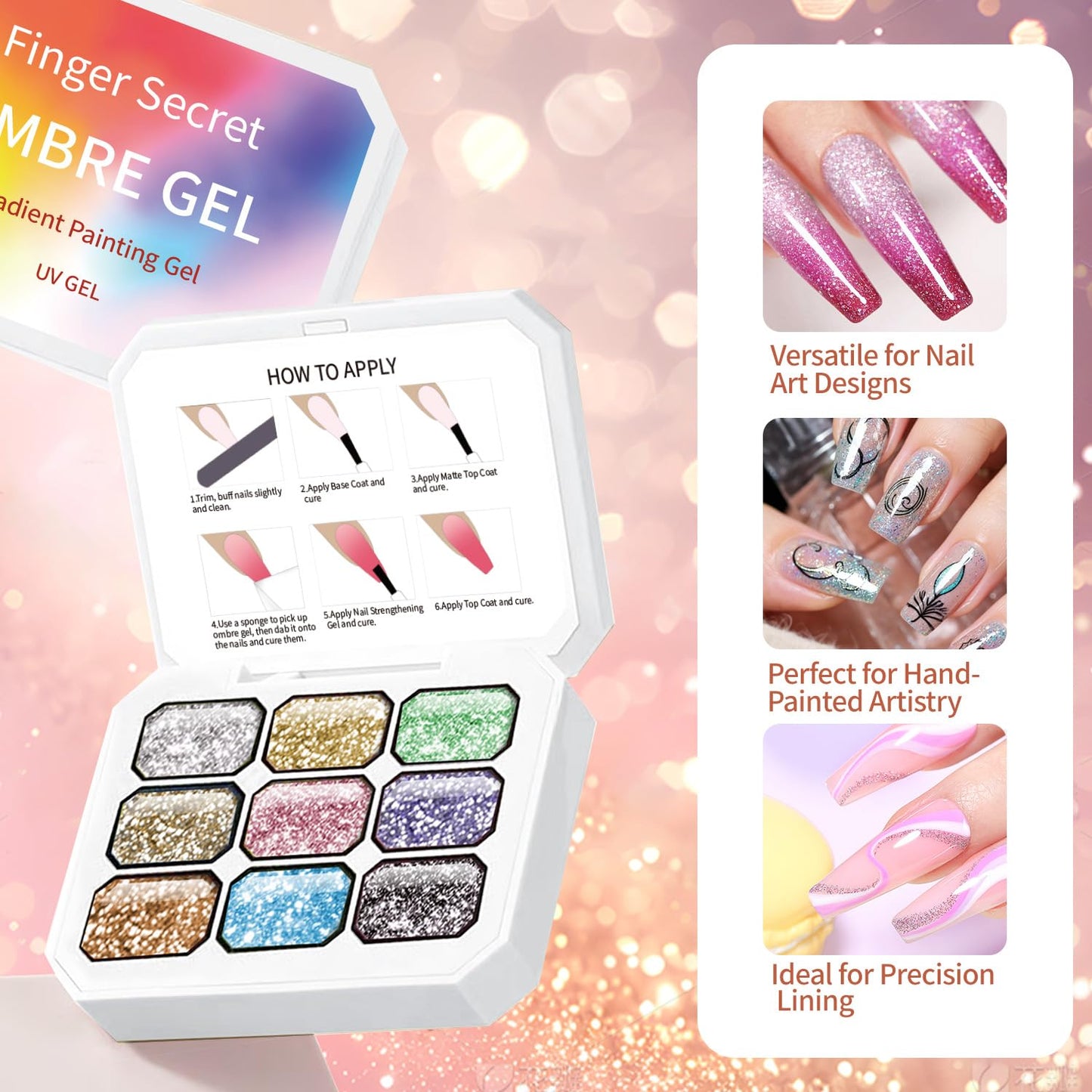 Finger Secret 9 Colors Set Ombre Pat Gel Nail Polish,GelS Polish Palette with 20Pcs Nail Sponges for 3d Gel Nail Art can be Painted in Salon or Home Use (L0)