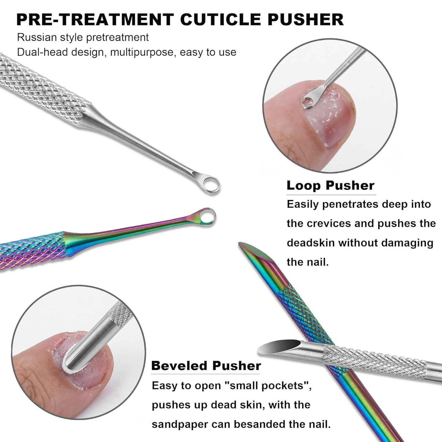 Pre-treatment Cuticle Pusher, Russian Prep Nail Pushers, Dual Ended Cuticle Remover with 100/180 Grit Sandpaper Sheets, Nail Care for Manicure Pedicure Nail Art
